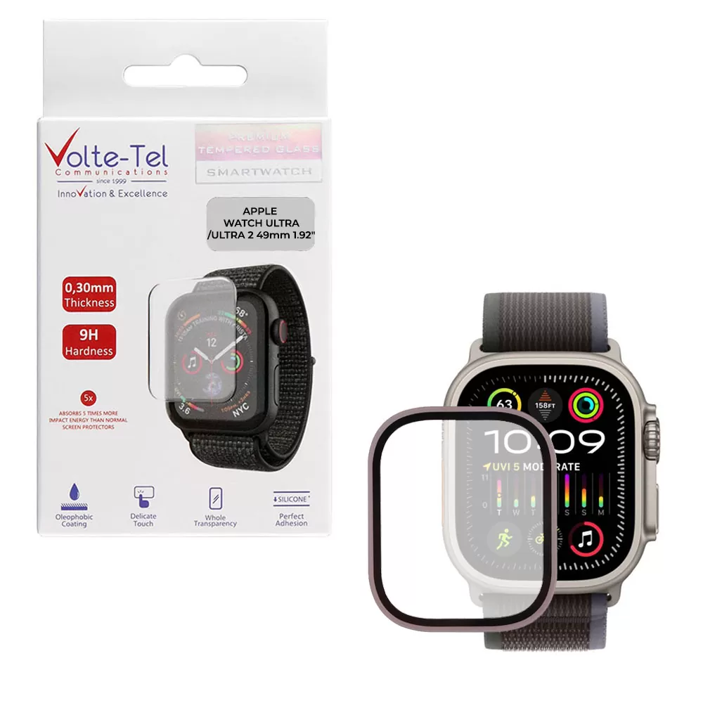 VOLTE-TEL TEMPERED GLASS APPLE WATCH ULTRA/ULTRA 2 49mm 1.92in 9H 0.30mm TWO COLOR FULL GLUE FULL COVER SILVER-BLACK