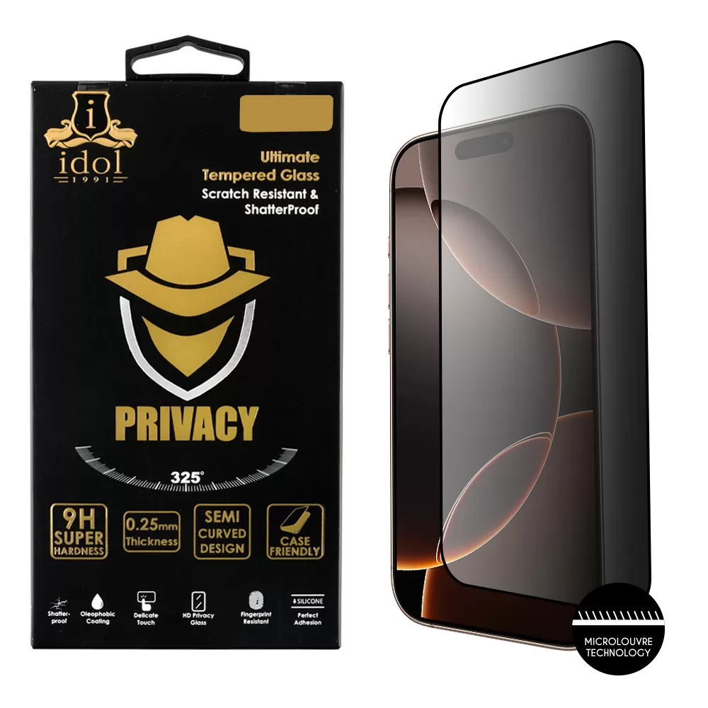 IDOL 1991 PRIVACY ANTISPY TEMPERED GLASS IPHONE 16 PRO MAX 6.9in 9H 0.25mm SEMI CURVED FULL GLUE BLACK