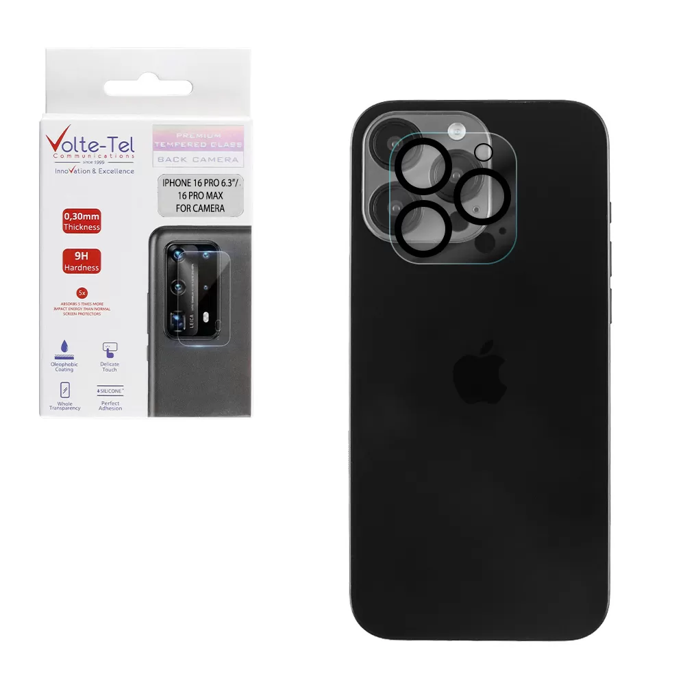 VOLTE-TEL CAMERA GLASS IPHONE 16 PRO 6.3in/16 PRO MAX 6.9in 9H 0.25mm 3D CURVED BLACK