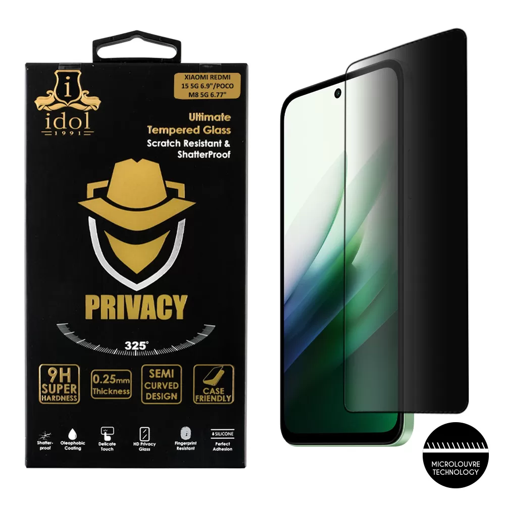 IDOL 1991 PRIVACY ANTISPY TEMPERED GLASS XIAOMI REDMI NOTE 15 5G/POCO M8 5G 6.77in 9H 0.25mm 3D SEMI CURVED EDGE GLUE BLACK