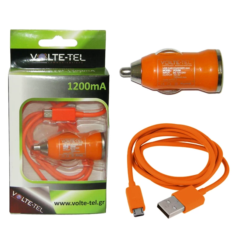 VOLTE-TEL MICRO USB(ΦΟΡΤΙΣΗΣ-DATA VCD01+ΦΟΡΤΙΣΤΗΣ ΑΥΤΟΚΙΝΗΤΟΥ VCU09 1200mA 6W) ORANGE - Image 3