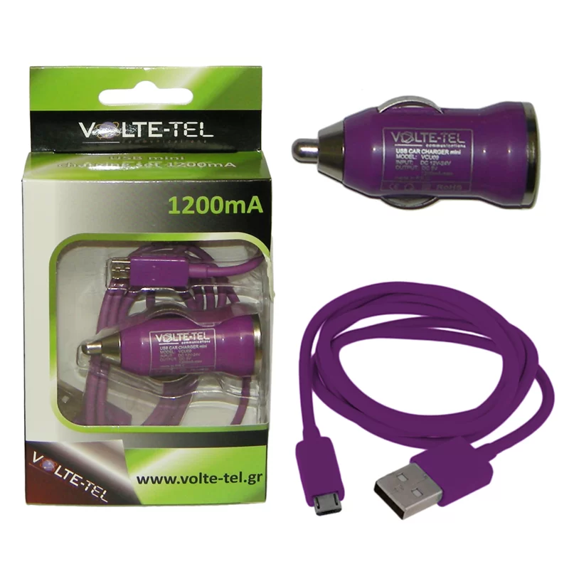 VOLTE-TEL MICRO USB(ΦΟΡΤΙΣΗΣ-DATA VCD01+ΦΟΡΤΙΣΤΗΣ ΑΥΤΟΚΙΝΗΤΟΥ VCU09 1200mA 6W) PURPLE - Image 3