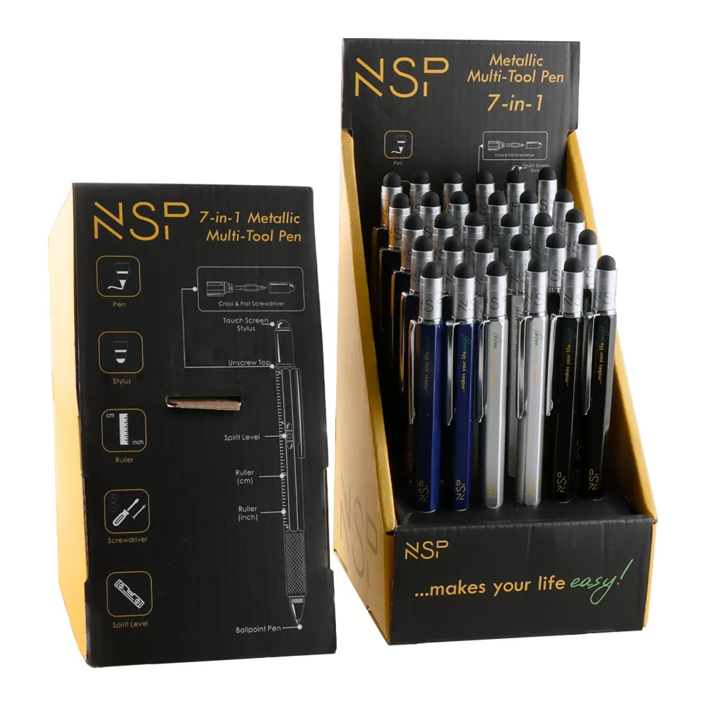 NSP STAND WITH 30 PCS NSP ΣΤΥΛΟ 7 IN 1 METALLIC MULTI-TOOL PEN BLACK/BLUE/RED