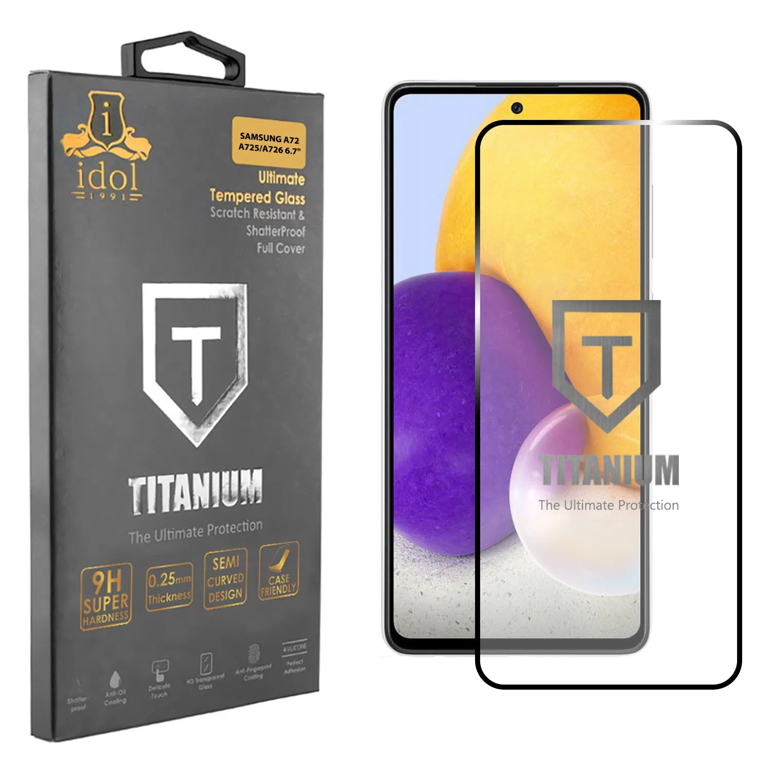 IDOL 1991 TITANIUM TEMPERED GLASS SAMSUNG A72 A725/A726 6.7in 9H 0.25mm SEMI CURVED FULL GLUE BLACK