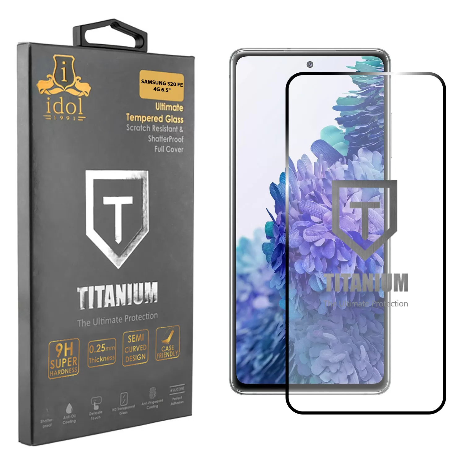 IDOL 1991 TITANIUM TEMPERED GLASS SAMSUNG S20 FE 4G G780 6.5in 9H 0.25mm  SEMI CURVED FULL GLUE BLACK