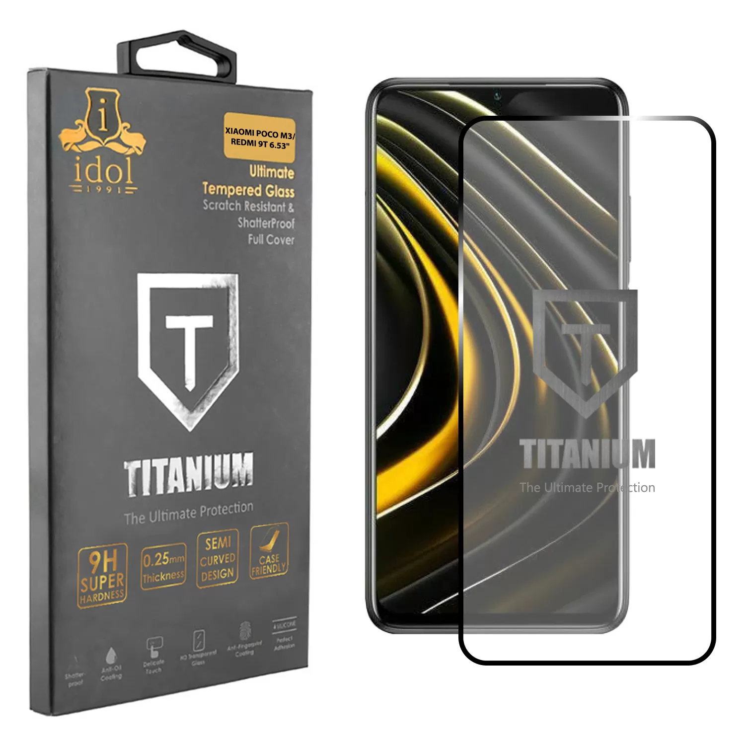 IDOL 1991 TITANIUM TEMPERED GLASS XIAOMI POCO M3/REDMI 9T 6.53in 9H 0.25mm SEMI CURVED FULL GLUE BLACK