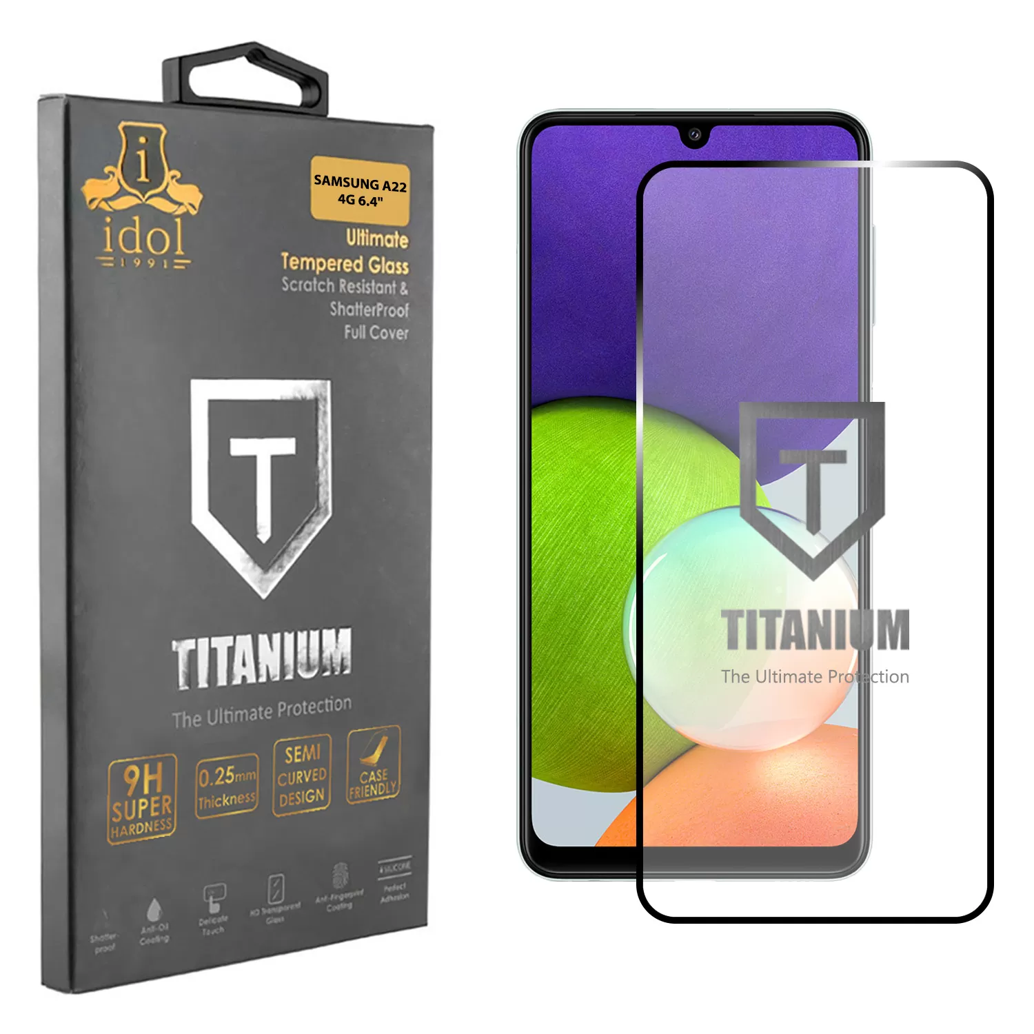 IDOL 1991 TITANIUM TEMPERED GLASS SAMSUNG A22 4G A225 6.4in 9H 0.25mm  SEMI CURVED FULL GLUE BLACK