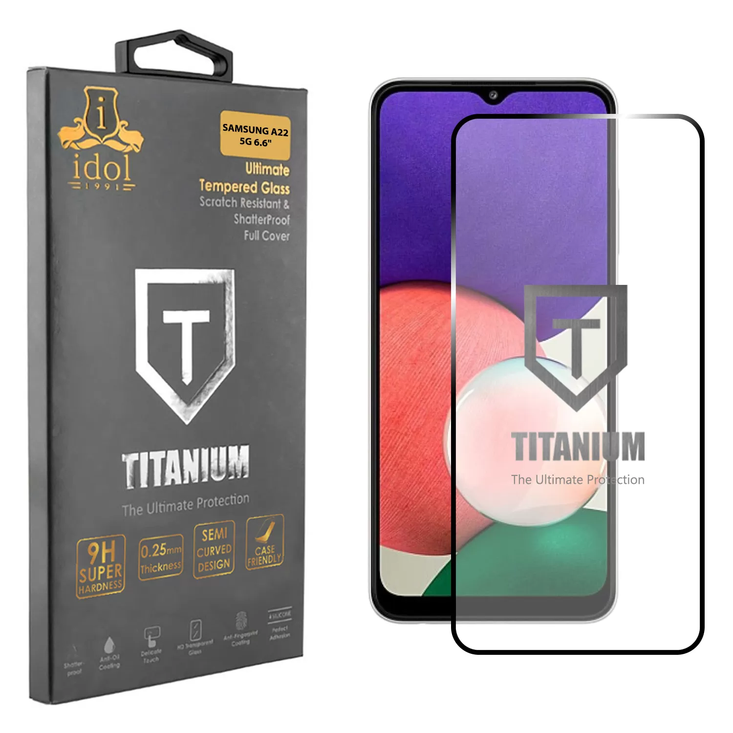 IDOL 1991 TITANIUM TEMPERED GLASS SAMSUNG A22 5G A226 6.6in 9H 0.25mm  SEMI CURVED FULL GLUE BLACK