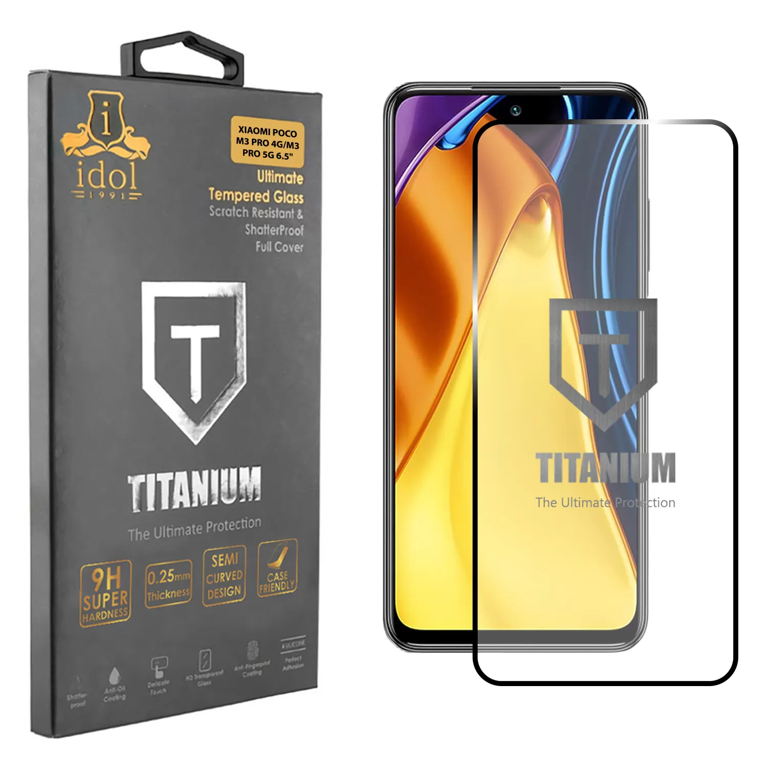 IDOL 1991 TITANIUM TEMPERED GLASS XIAOMI POCO M3 PRO 4G/M3 PRO 5G 6.5in 9H 0.25mm  SEMI CURVED FULL GLUE BLACK