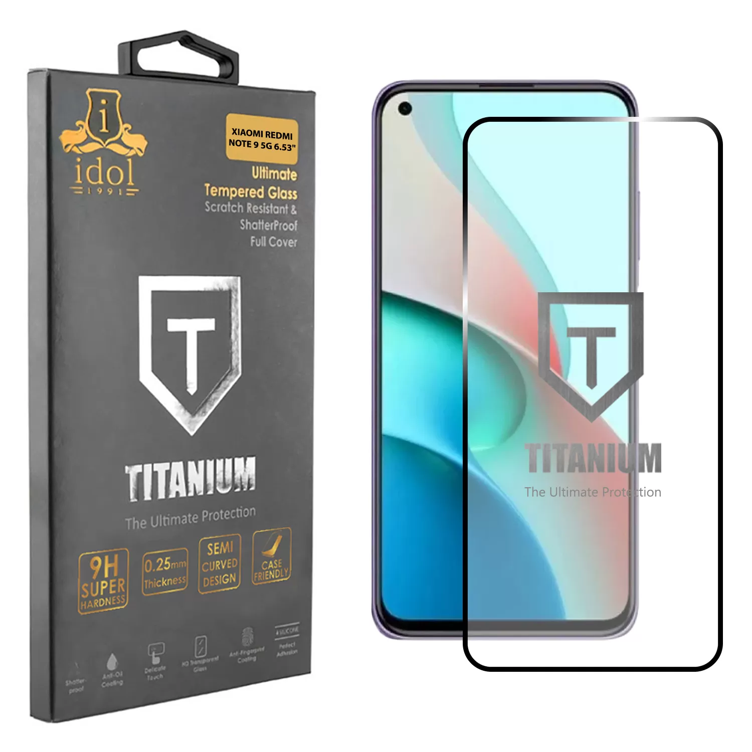 IDOL 1991 TITANIUM TEMPERED GLASS XIAOMI REDMI NOTE 9 5G 6.53in 9H 0.25mm SEMI CURVED FULL GLUE BLACK