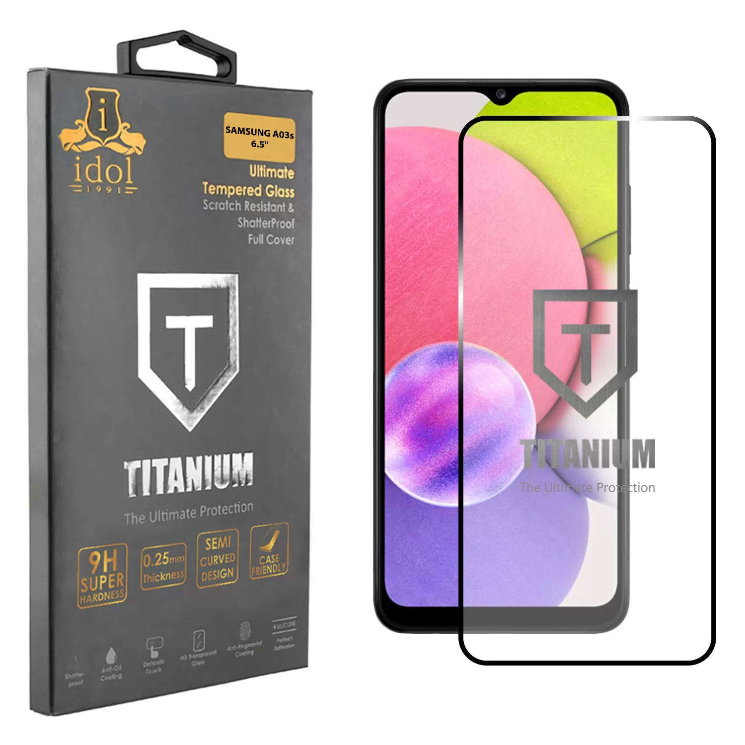 IDOL 1991 TITANIUM TEMPERED GLASS SAMSUNG A03s A037 6.5in 9H 0.25mm SEMI CURVED FULL GLUE BLACK