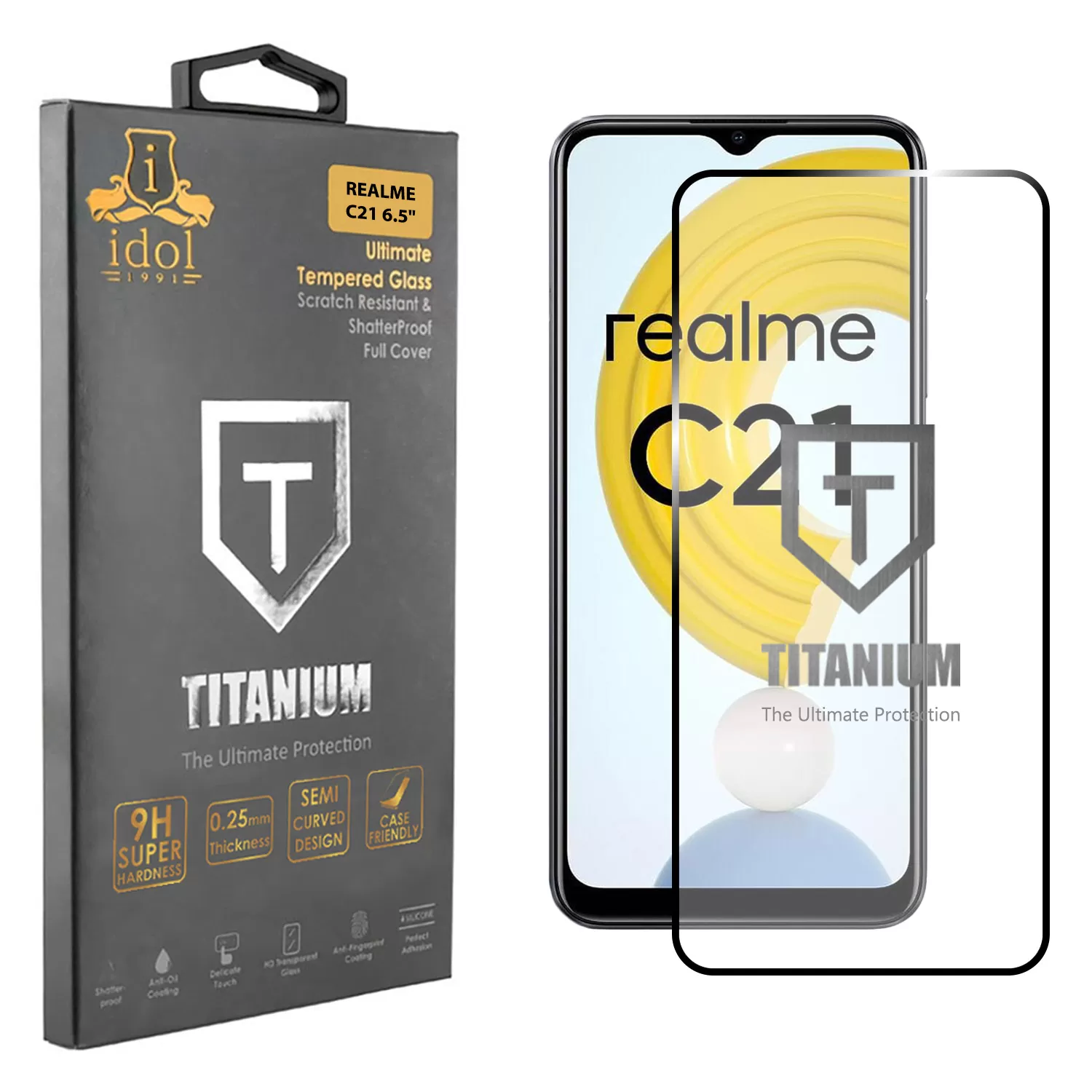 IDOL 1991 TITANIUM TEMPERED GLASS REALME C21 6.5in 9H 0.25mm SEMI CURVED FULL GLUE BLACK