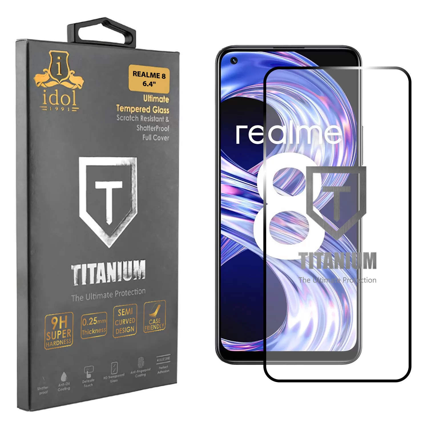 IDOL 1991 TITANIUM TEMPERED GLASS REALME 8 6.4in 9H 0.25mm SEMI CURVED FULL GLUE BLACK