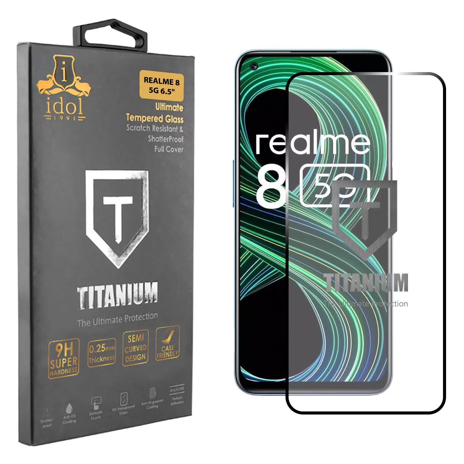 IDOL 1991 TITANIUM TEMPERED GLASS REALME 8 5G 6.5in 9H 0.25mm SEMI CURVED FULL GLUE BLACK