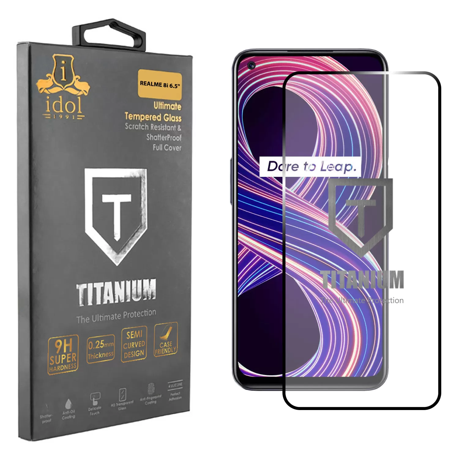 IDOL 1991 TITANIUM TEMPERED GLASS REALME 8i 6.5in 9H 0.25mm SEMI CURVED FULL GLUE BLACK