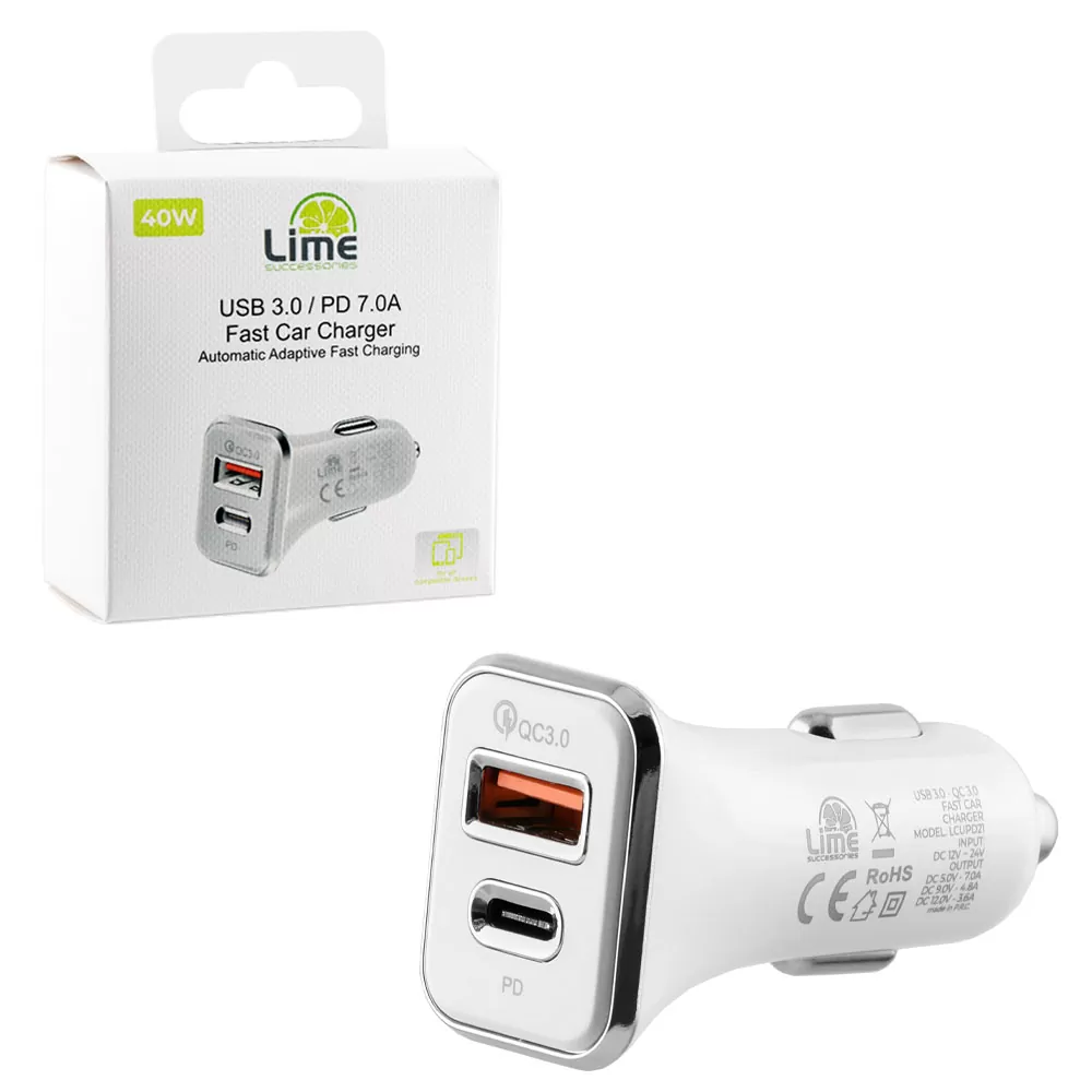 LIME DUAL ΦΟΡΤΙΣΤΗΣ ΑΥΤΟΚΙΝΗΤΟΥ USB 3.0/PD TYPE C FAST CAR CHARGER QC 3.0 LCUPD21 40W 5V-7A/9V-4.8A/12V-3.6A WHITE