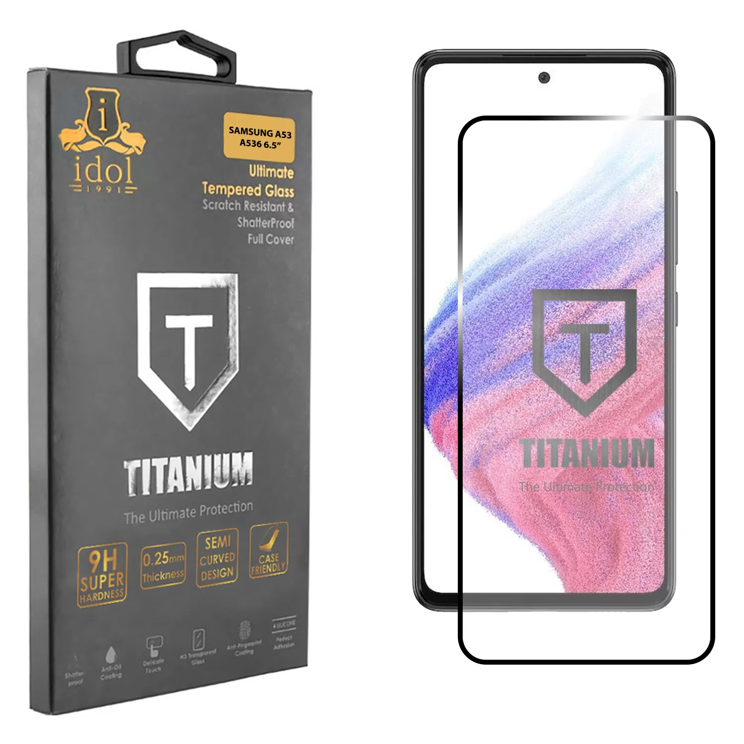 IDOL 1991 TITANIUM TEMPERED GLASS SAMSUNG A53 A536 6.5in 9H 0.25mm SEMI CURVED FULL GLUE BLACK