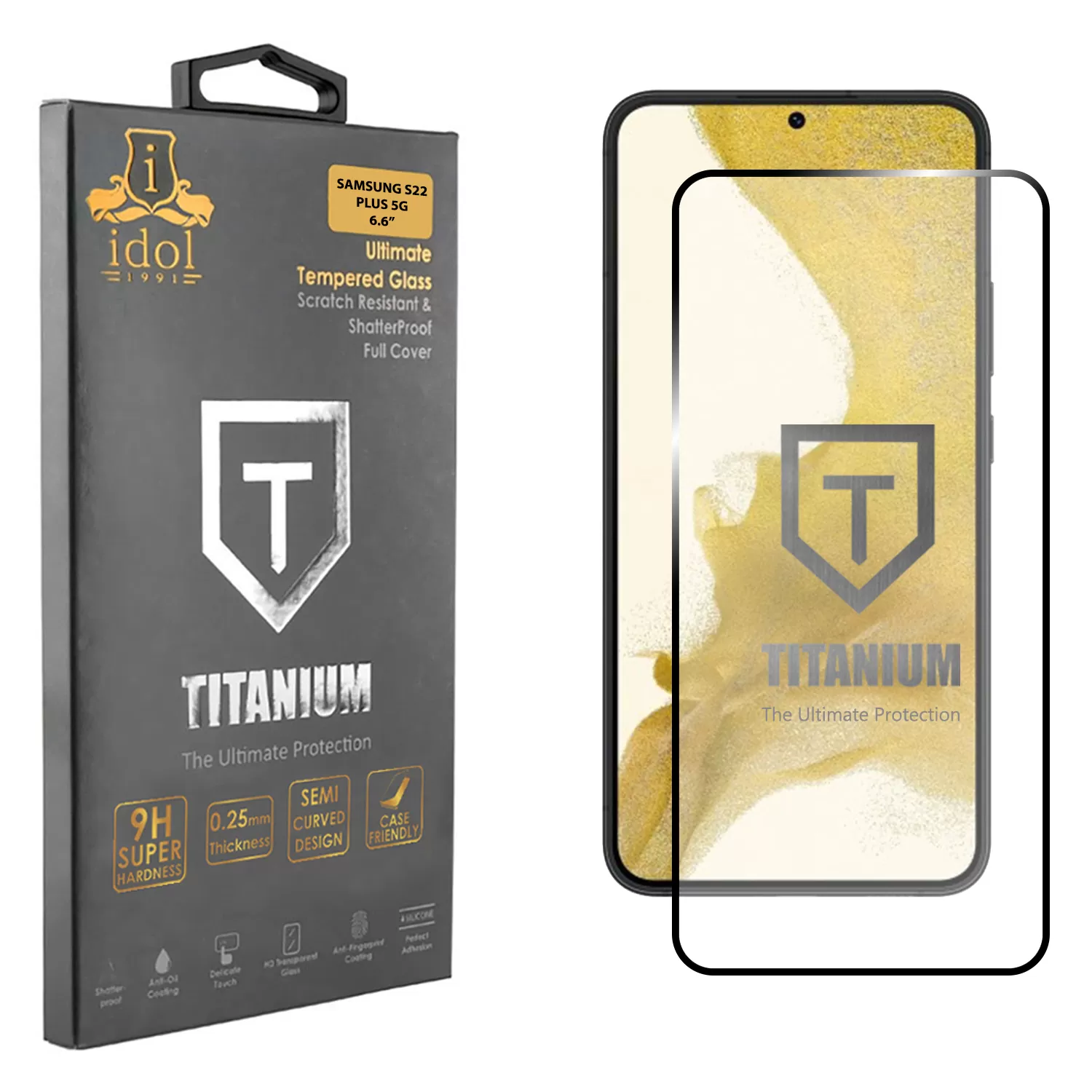 IDOL 1991 TITANIUM TEMPERED GLASS SAMSUNG S22 PLUS 5G 6.6in 9H 0.2mm SEMI CURVED FULL GLUE ULTRA THIN BLACK