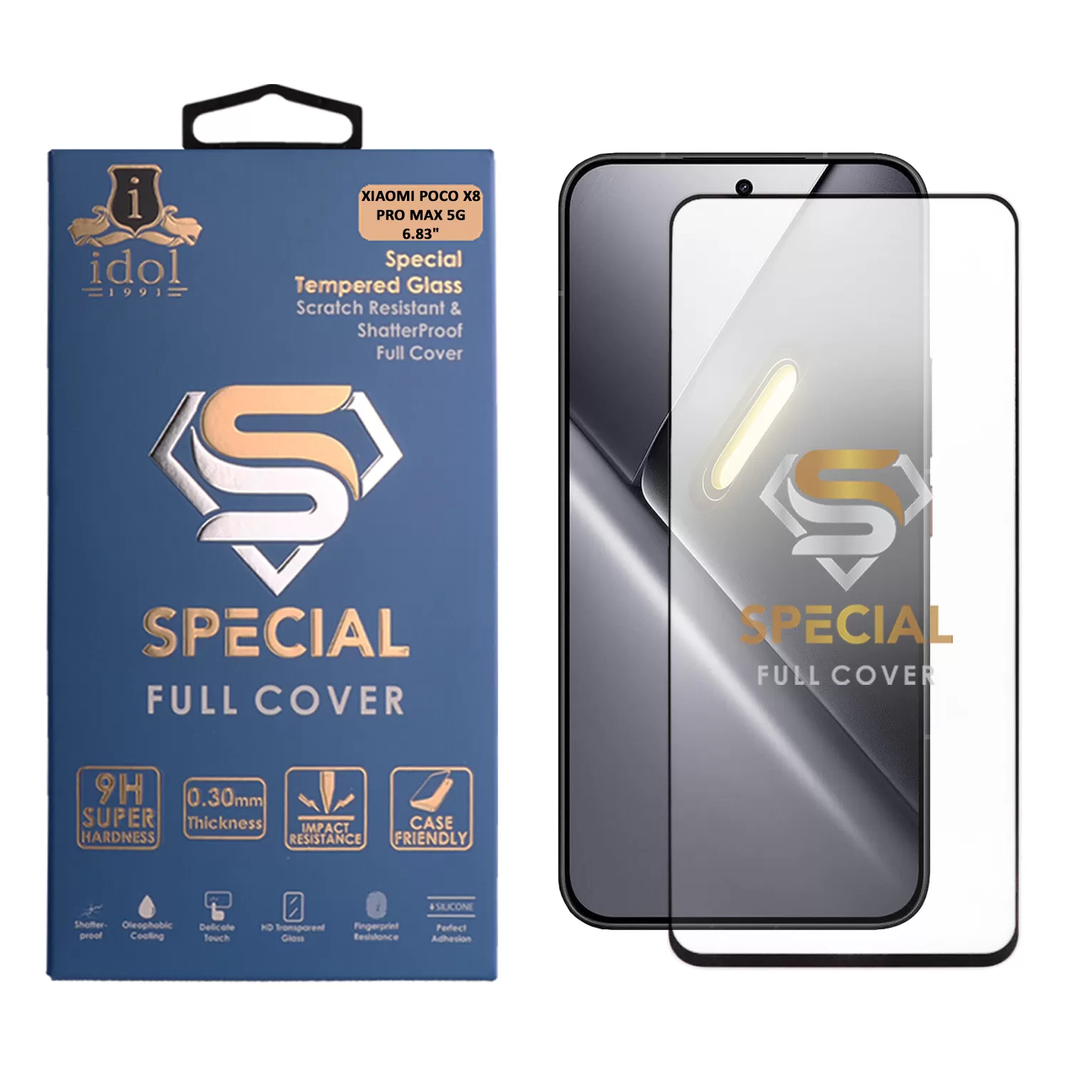 IDOL 1991 SPECIAL TEMPERED GLASS XIAOMI POCO X8 PRO MAX 5G 6.83in 9H 0.25mm FULL COVER FINGER UNLOCK FULL GLUE BLACK