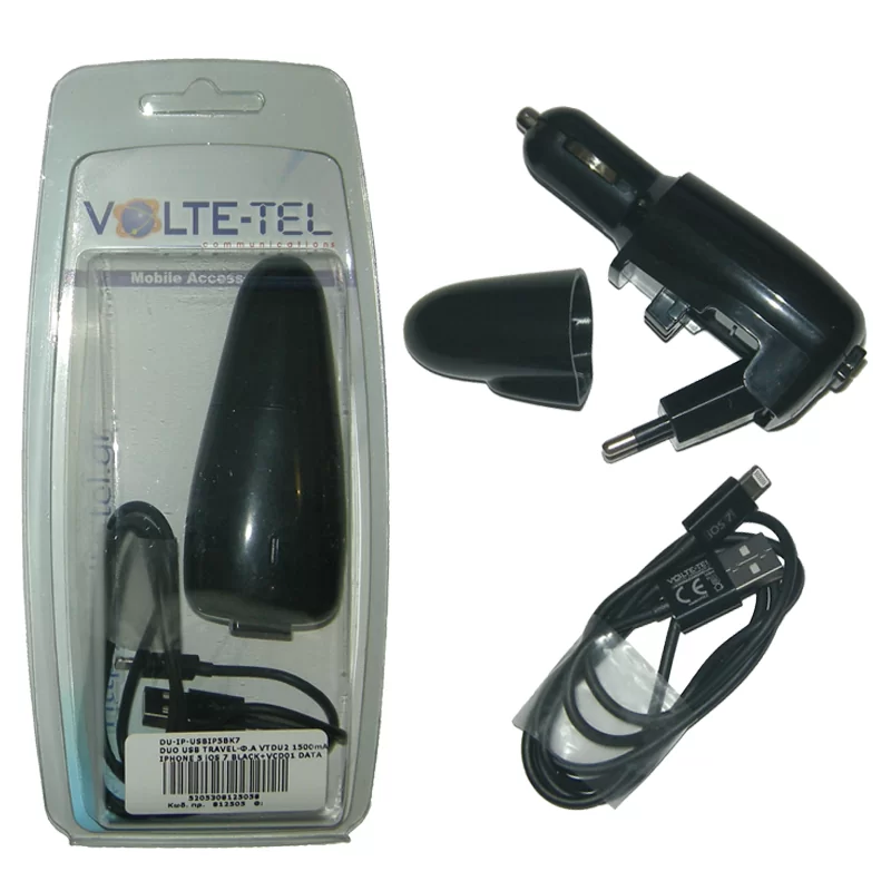 VOLTE-TEL LIGHTNING IPHONE 5 (USB DUO TRAVEL-ΦΟΡΤΙΣΤΗΣ ΑΥΤΟΚΙΝΗΤΟΥ VTDU2 1500mA 7.5W+VCD01 DATA) iOS 8 BLACK