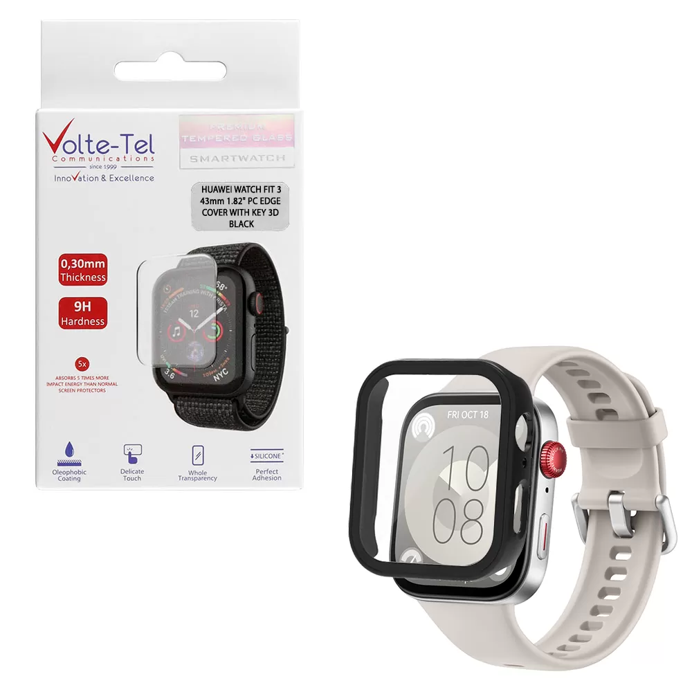 VOLTE-TEL PC EDGE COVER TEMPERED GLASS HUAWEI WATCH FIT 3 43mm 1.82in 9H 0.30mm WITH KEY 3D FULL GLUE FULL COVER BLACK