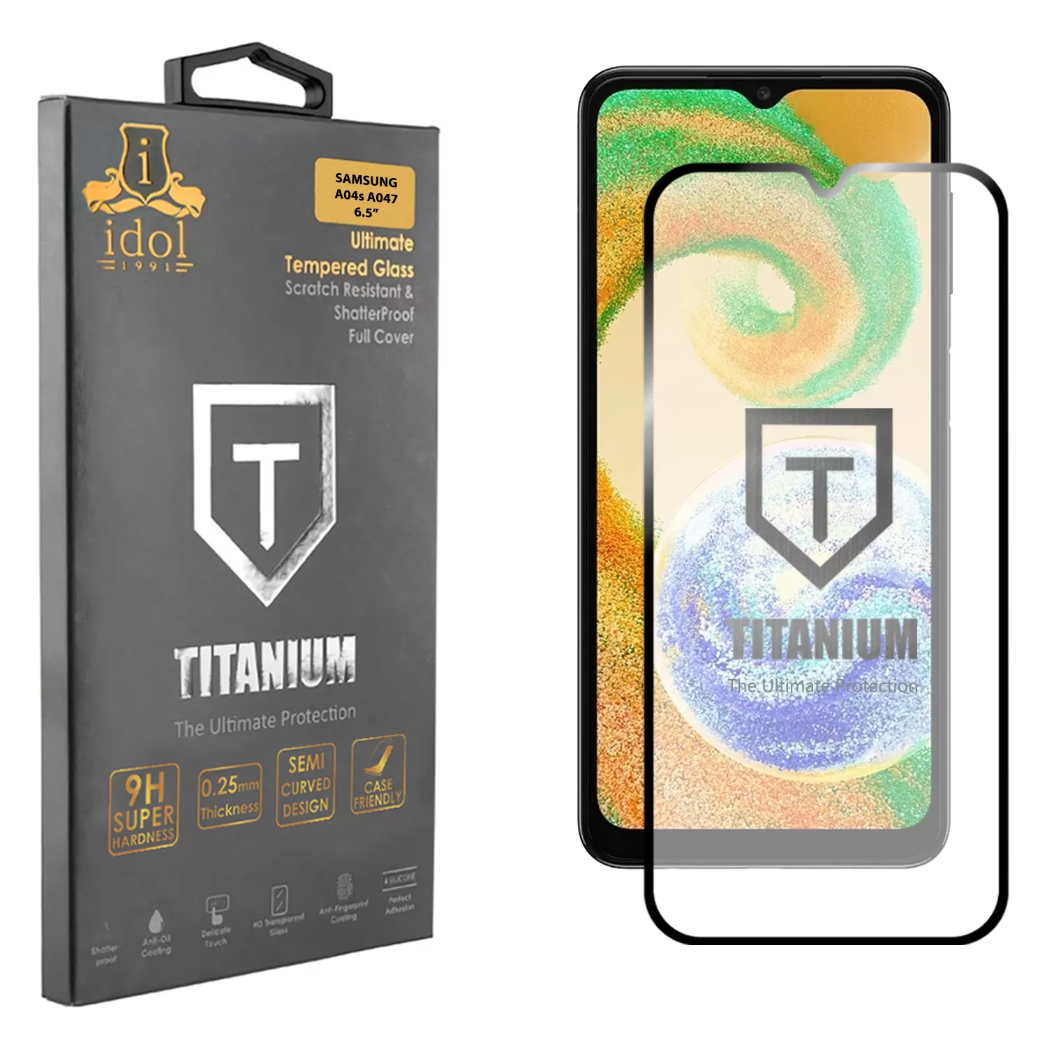 IDOL 1991 TITANIUM TEMPERED GLASS SAMSUNG A04s A047 6.5in 9H 0.25mm SEMI CURVED FULL GLUE BLACK