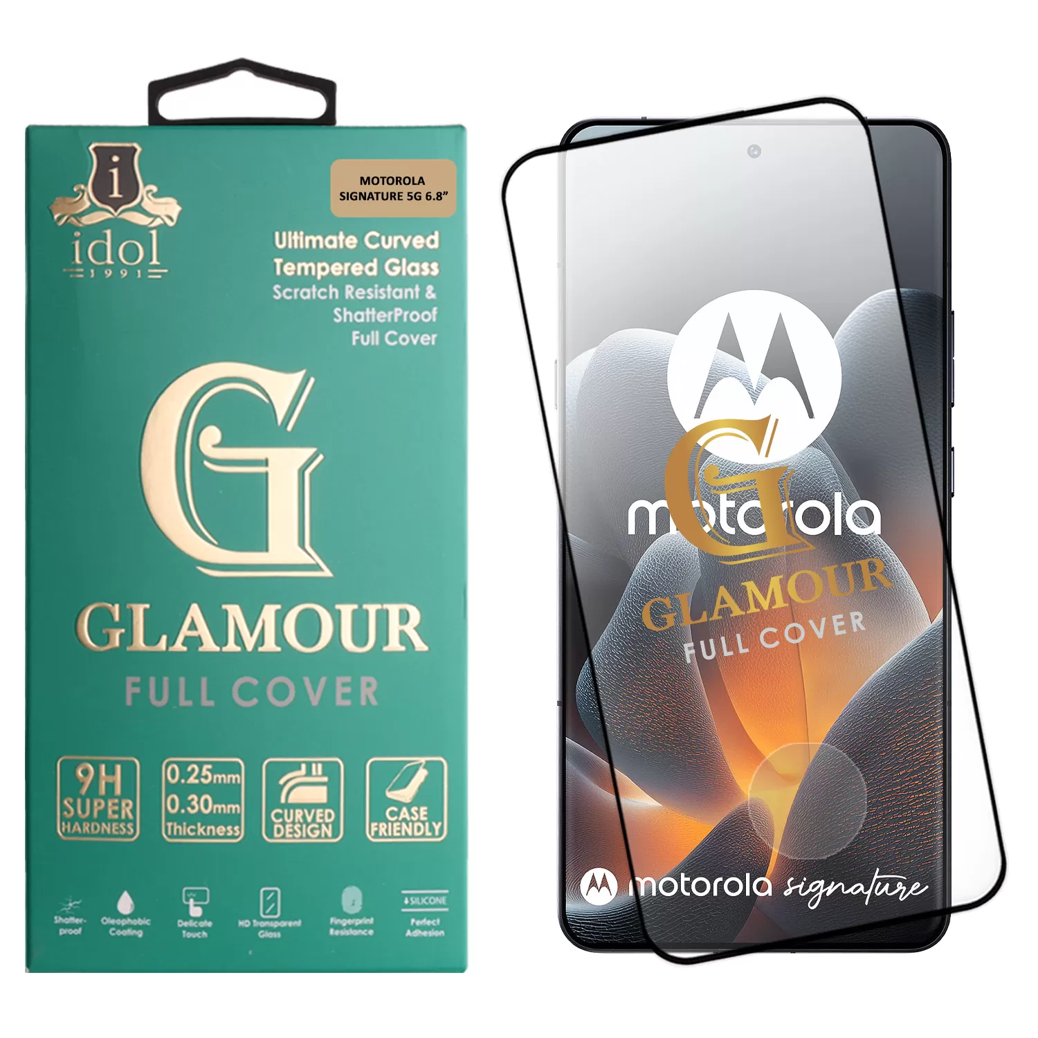 IDOL 1991 GLAMOUR TEMPERED GLASS MOTOROLA SIGNATURE 5G 6.8in 9H 0.30mm FULL COVER 3D EDGE GLUE FINGER UNLOCK BLACK