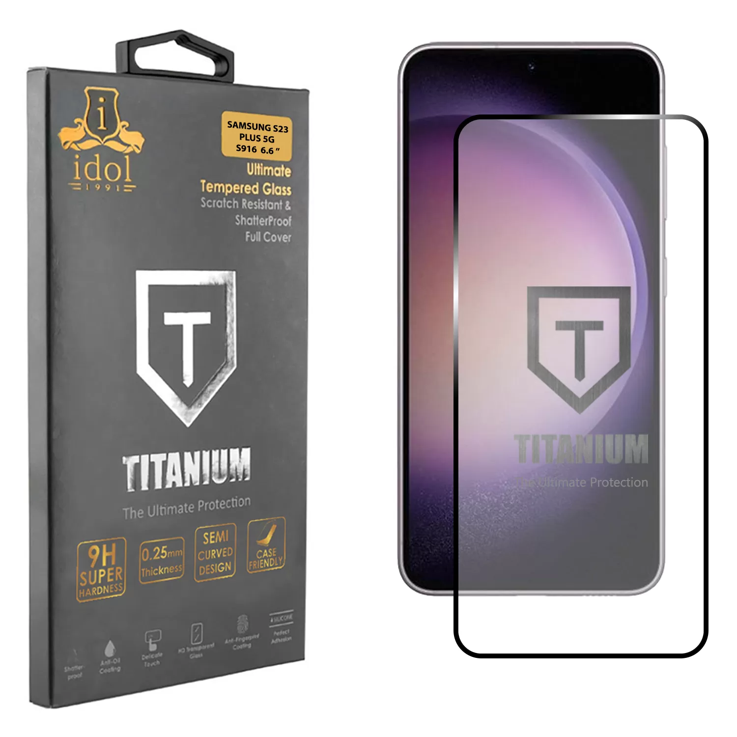 IDOL 1991 TITANIUM TEMPERED GLASS SAMSUNG S23 PLUS 5G S916 6.6in 9H 0.2mm SEMI CURVED FULL GLUE ULTRA THIN BLACK
