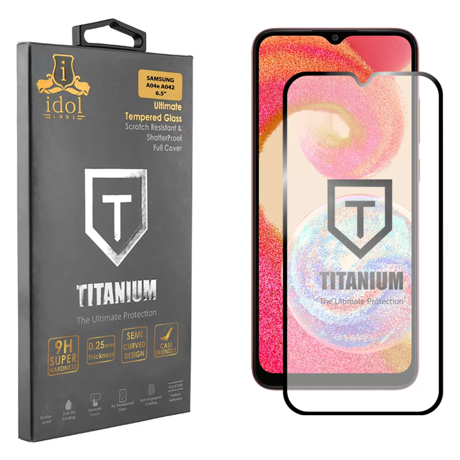 IDOL 1991 TITANIUM TEMPERED GLASS SAMSUNG A04e A042 6.5in 9H 0.25mm SEMI CURVED FULL GLUE BLACK