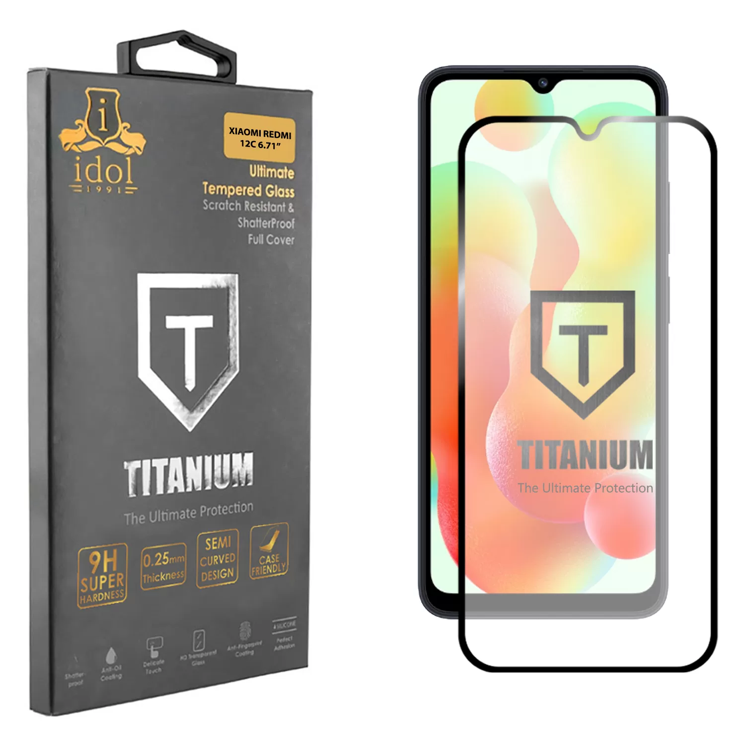 IDOL 1991 TITANIUM TEMPERED GLASS XIAOMI REDMI 12C 6.71in 9H 0.25mm SEMI CURVED FULL GLUE BLACK