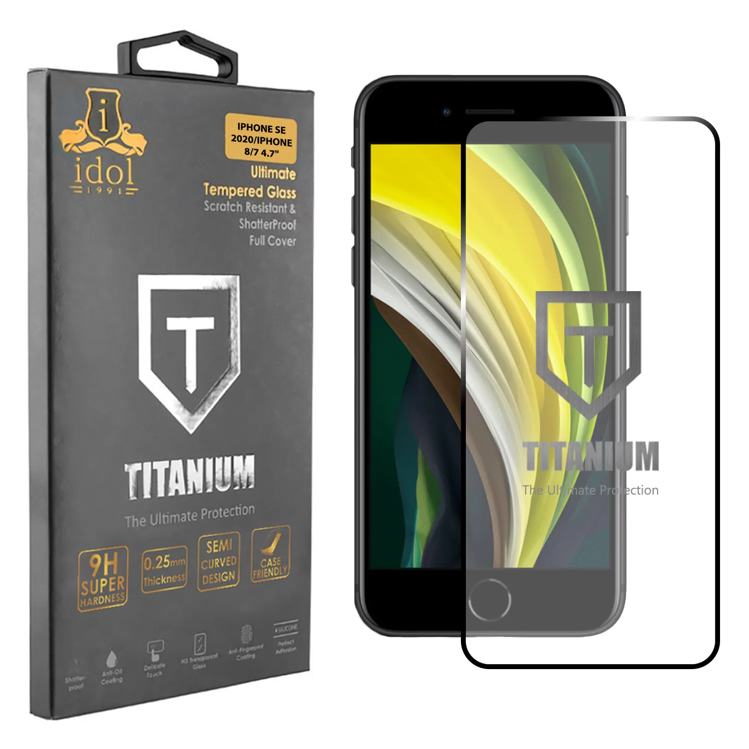 IDOL 1991 TITANIUM TEMPERED GLASS IPHONE SE 2020/IPHONE 8/7 4.7in 9H 0.25mm  SEMI CURVED FULL GLUE BLACK