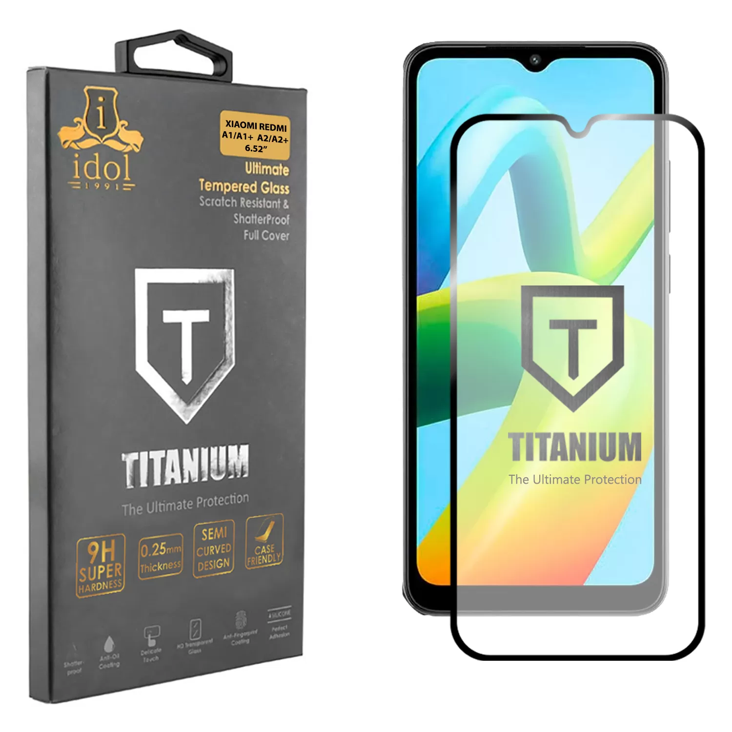 IDOL 1991 TITANIUM TEMPERED GLASS XIAOMI REDMI A1/A1+/A2/A2+ 6.52in 9H 0.25mm SEMI CURVED FULL GLUE BLACK