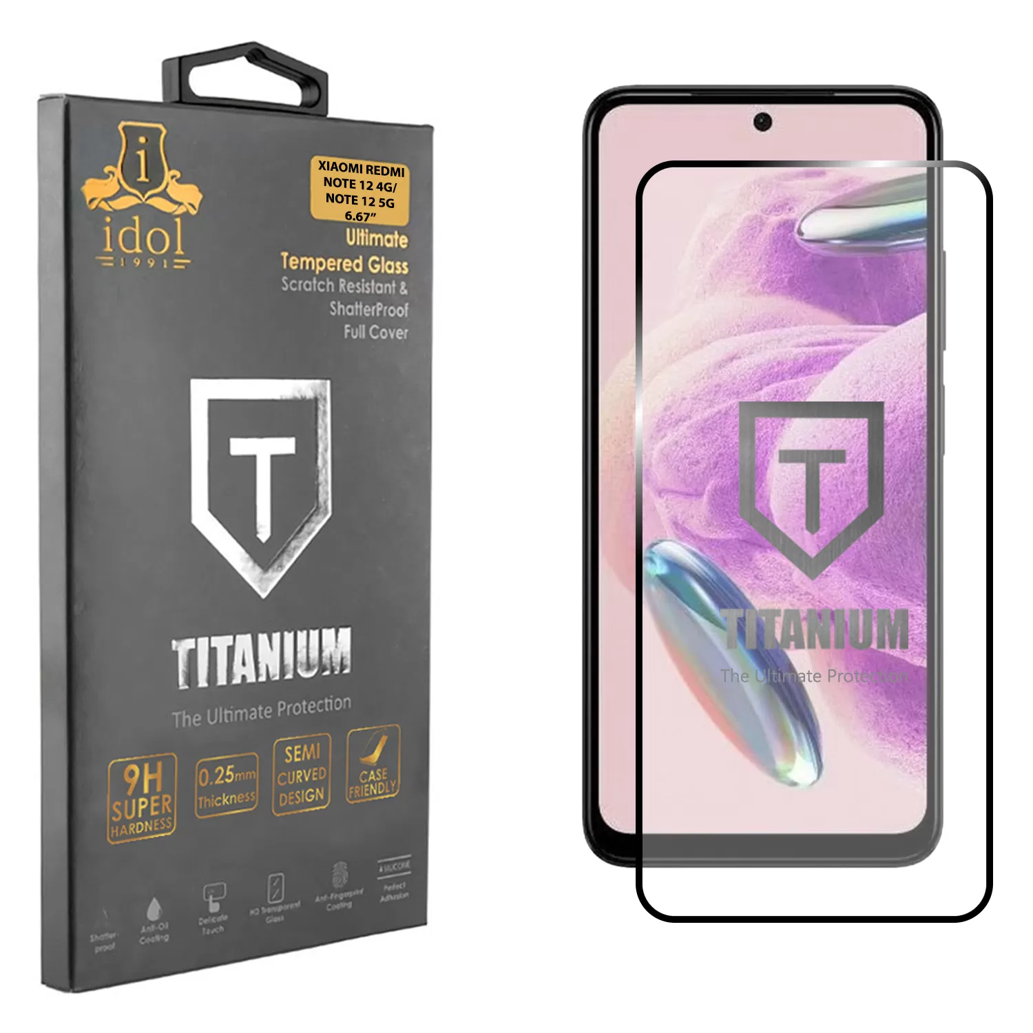 IDOL 1991 TITANIUM TEMPERED GLASS XIAOMI REDMI NOTE 12 4G/NOTE 12 5G 6.67in 9H 0.25mm SEMI CURVED FULL GLUE BLACK