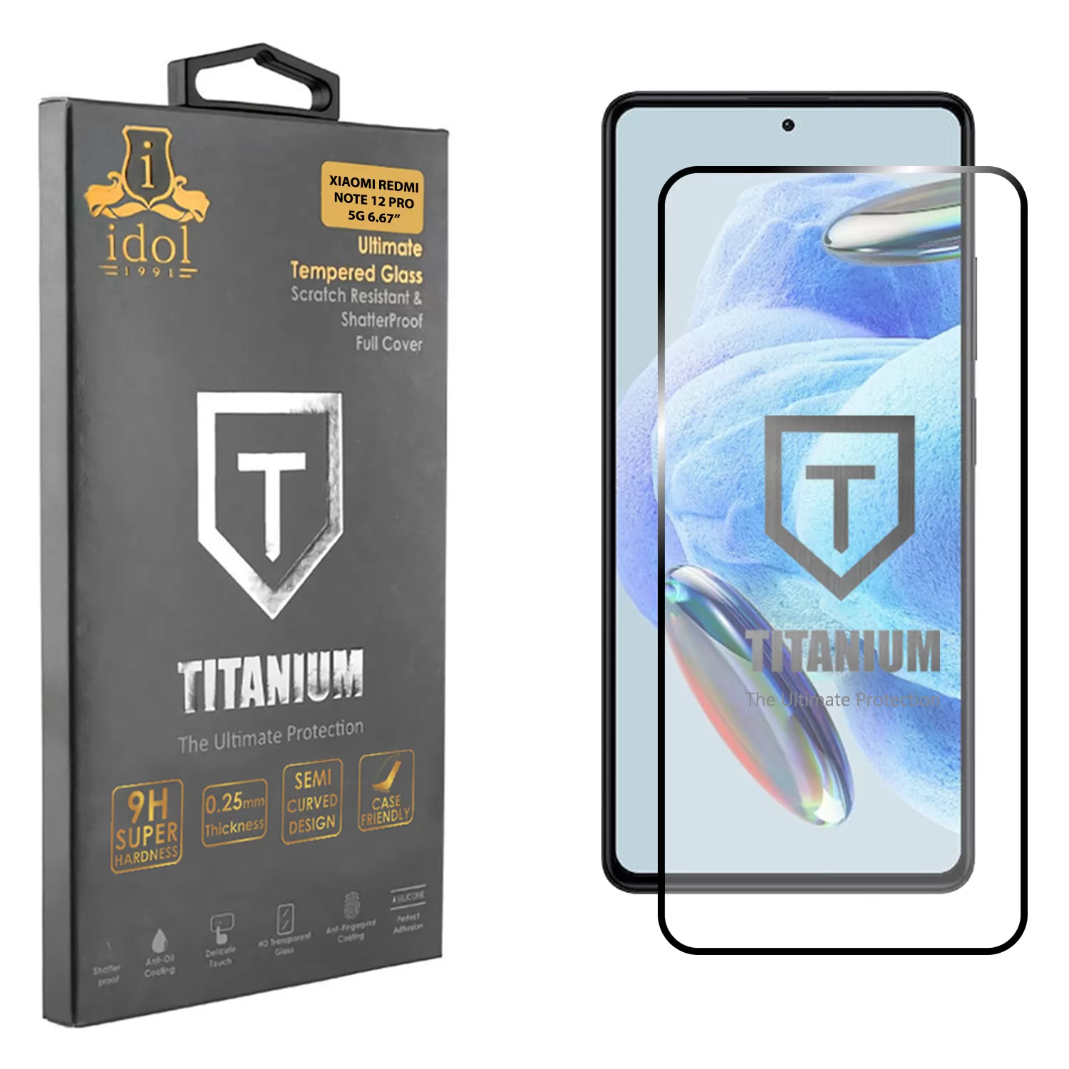 IDOL 1991 TITANIUM TEMPERED GLASS XIAOMI REDMI NOTE 12 PRO 5G 6.67in 9H 0.25mm SEMI CURVED FULL GLUE BLACK