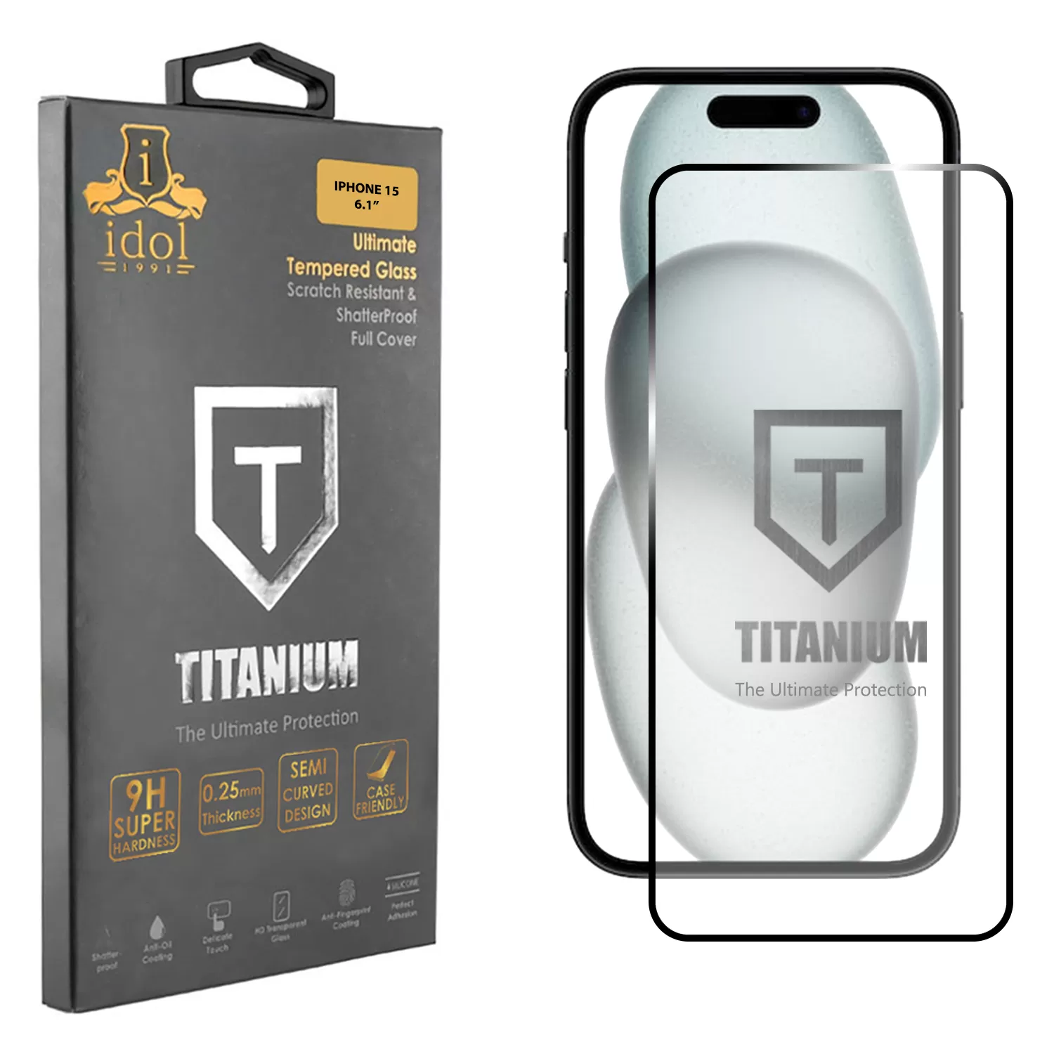 IDOL 1991 TITANIUM TEMPERED GLASS IPHONE 15 6.1in 9H 0.25mm SEMI CURVED FULL GLUE BLACK