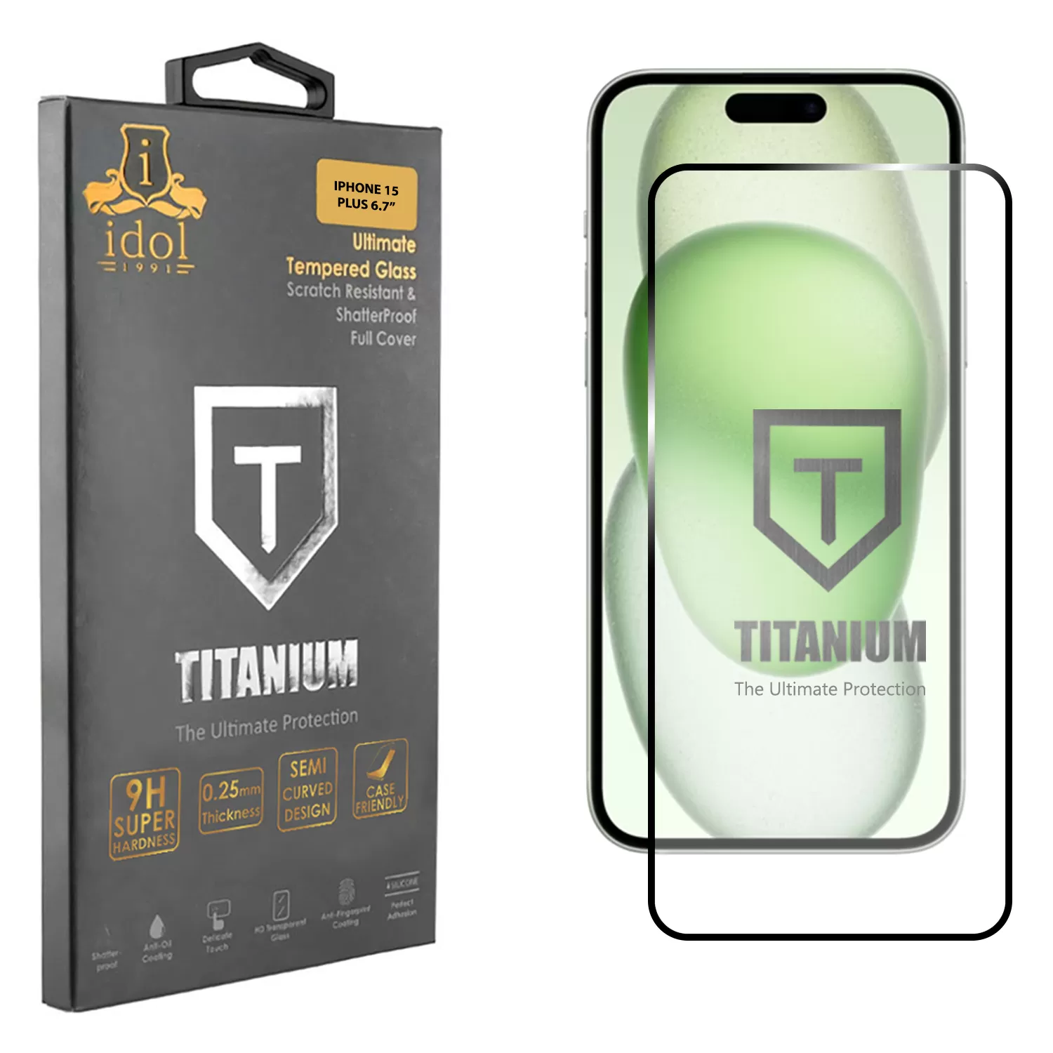 IDOL 1991 TITANIUM TEMPERED GLASS IPHONE 15 PLUS 6.7in 9H 0.25mm SEMI CURVED FULL GLUE BLACK