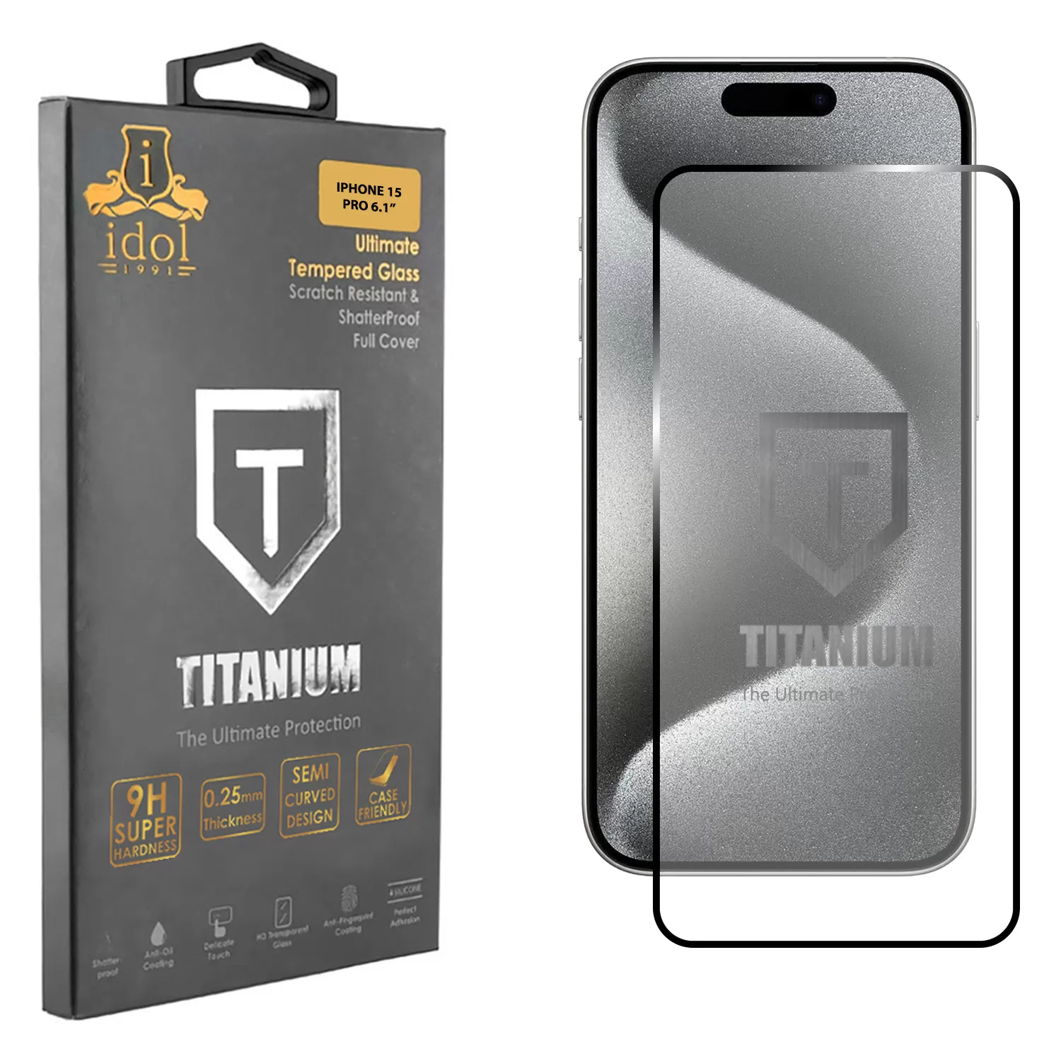 IDOL 1991 TITANIUM TEMPERED GLASS IPHONE 15 PRO 6.1in 9H 0.25mm SEMI CURVED FULL GLUE BLACK