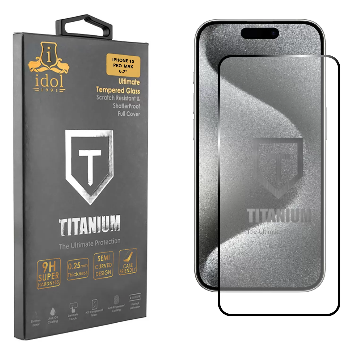 IDOL 1991 TITANIUM TEMPERED GLASS IPHONE 15 PRO MAX 6.7in 9H 0.25mm SEMI CURVED FULL GLUE BLACK