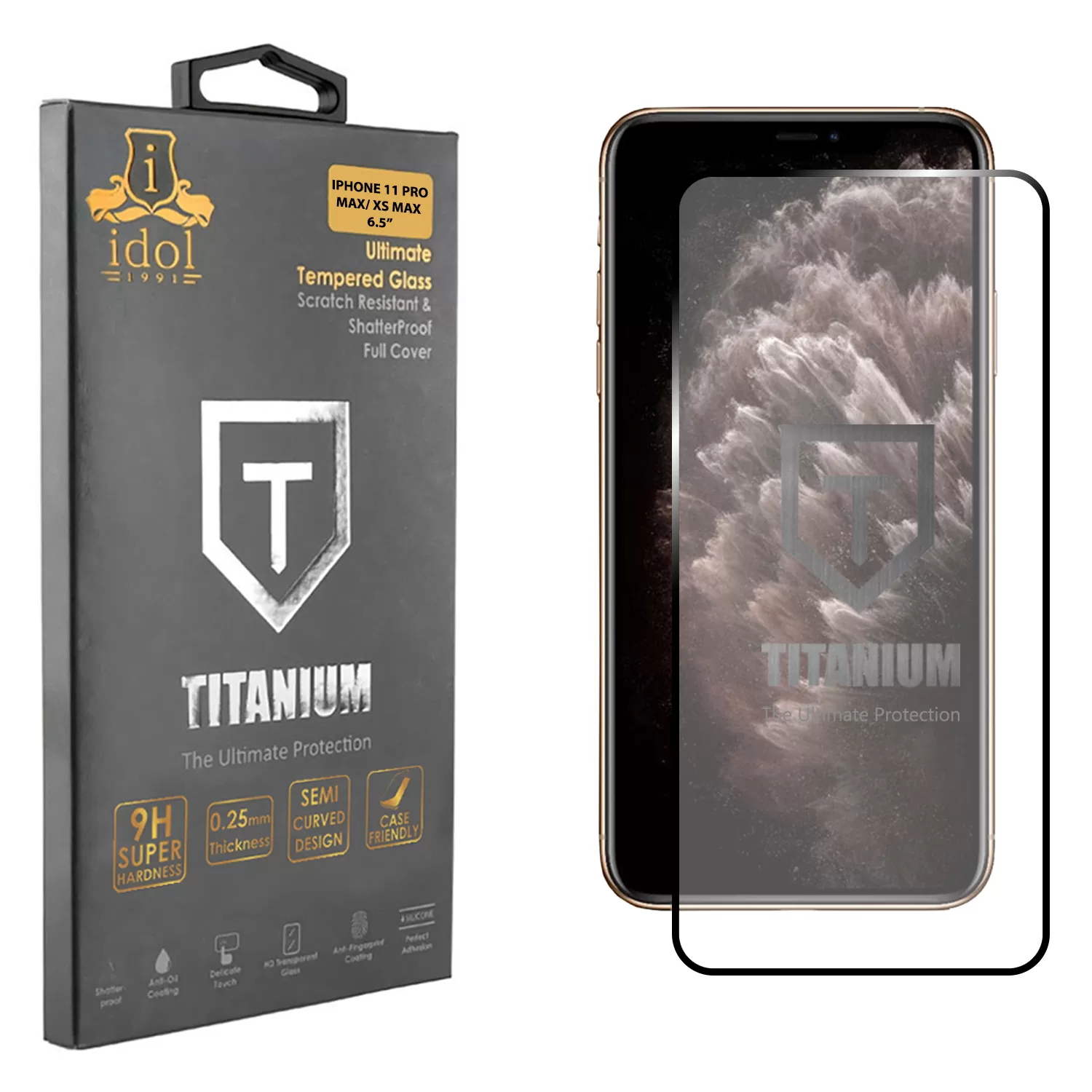 IDOL 1991 TITANIUM TEMPERED GLASS IPHONE 11 PRO MAX/XS MAX 6.5in 9H 0.25mm SEMI CURVED FULL GLUE BLACK