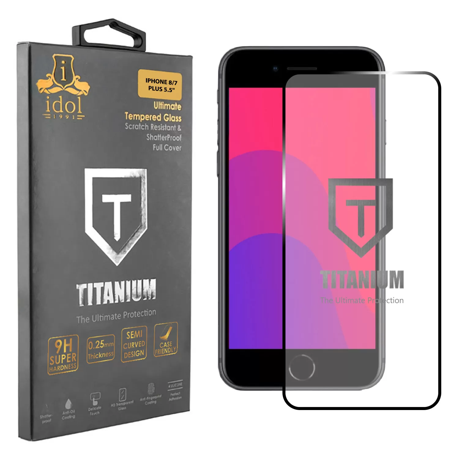 IDOL 1991 TITANIUM TEMPERED GLASS IPHONE 8/7 PLUS 5.5in 9H 0.25mm  SEMI CURVED FULL GLUE BLACK