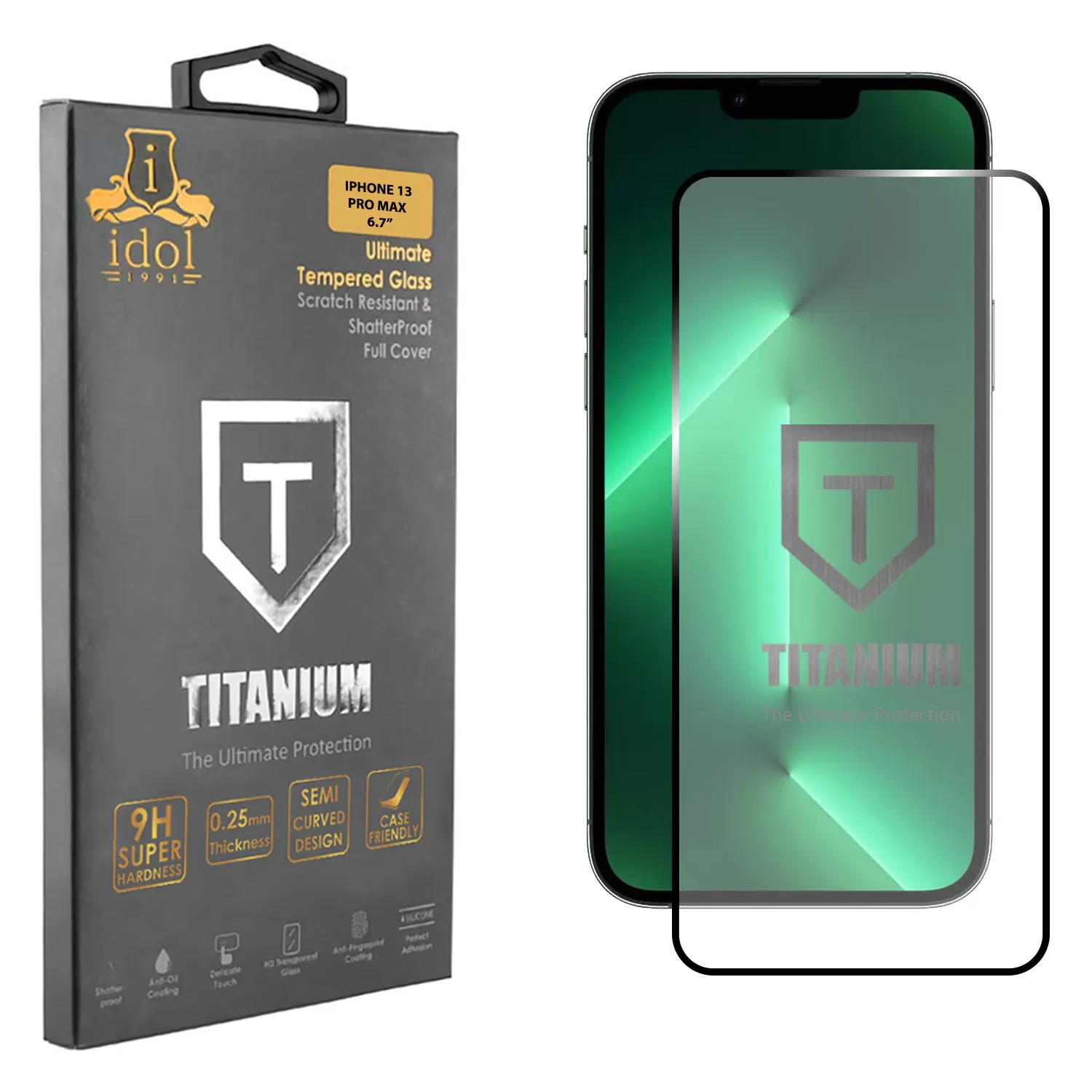 IDOL 1991 TITANIUM TEMPERED GLASS IPHONE 13 PRO MAX 6.7in 9H 0.25mm SEMI CURVED FULL GLUE BLACK