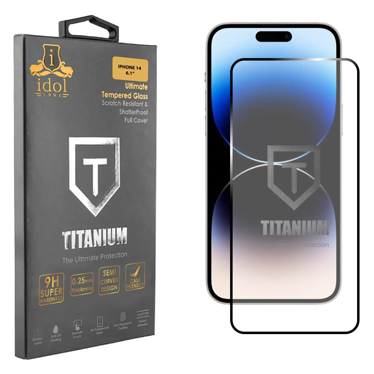 IDOL 1991 TITANIUM TEMPERED GLASS IPHONE 14 6.1in 9H 0.25mm SEMI CURVED FULL GLUE BLACK