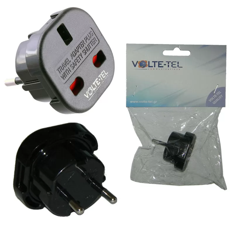 VOLTE-TEL ΑΝΤΑΠΤΟΡΑΣ ΑΓΓΛΙΚΟΣ 3 PIN FEMALE ΣΕ ΣΟΥΚΟ ΕΥΡΩΠΗΣ 2 PIN MALE (250V/10A) ΜΑΥΡΟΣ