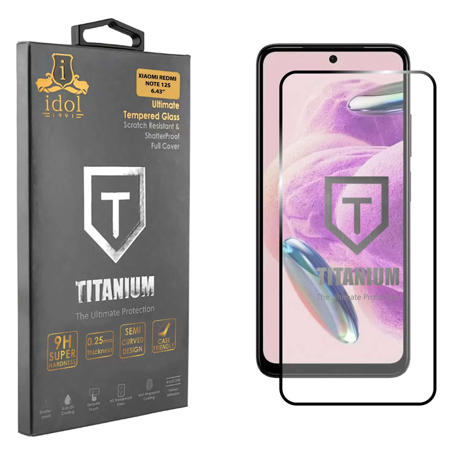 IDOL 1991 TITANIUM TEMPERED GLASS XIAOMI REDMI NOTE 12S 6.43in 9H 0.25mm SEMI CURVED FULL GLUE BLACK