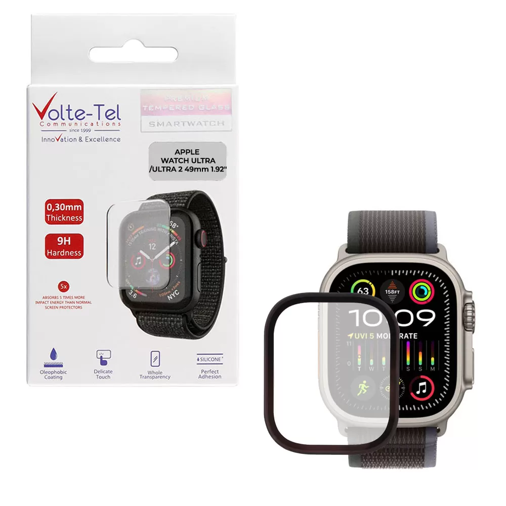 VOLTE-TEL TEMPERED GLASS APPLE WATCH ULTRA/ULTRA 2 49mm 1.92in 9H 0.30mm TWO COLOR FULL GLUE FULL COVER TITANIUM-BLACK