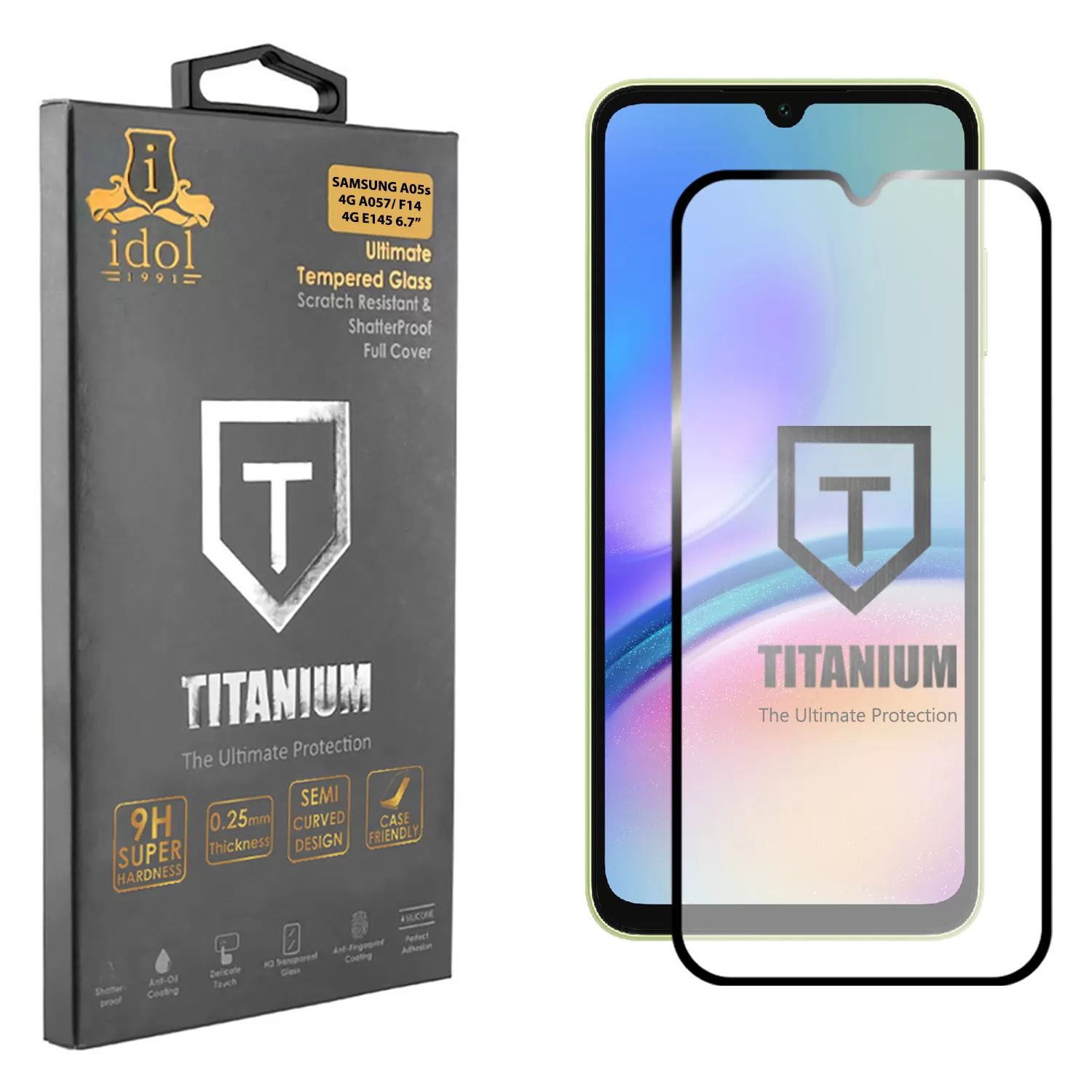 IDOL 1991 TITANIUM TEMPERED GLASS SAMSUNG A05s 4G A057/F14 4G E145 6.7in 9H 0.25mm SEMI CURVED FULL GLUE BLACK