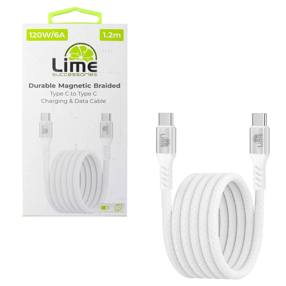 LIME USB-C TYPE C TO USB-C TYPE C 6A ΦΟΡΤΙΣΗΣ-DATA DURABLE MAGNETIC BRAIDED 1.2m LBMCC03 120W WHITE