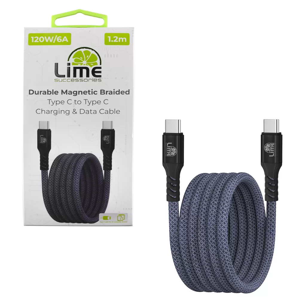 LIME USB-C TYPE C TO USB-C TYPE C 6A ΦΟΡΤΙΣΗΣ-DATA DURABLE MAGNETIC BRAIDED 1.2m LBMCC04 120W GREY