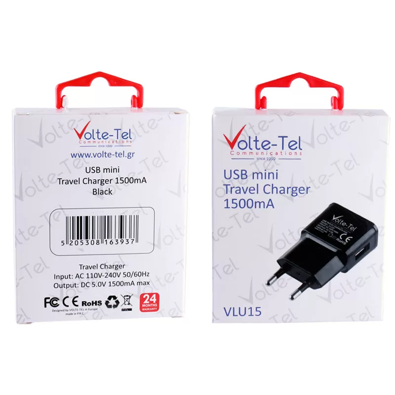 VOLTE-TEL USB-A TRAVEL CHARGER mini VLU15 1500mA BLACK - Image 4