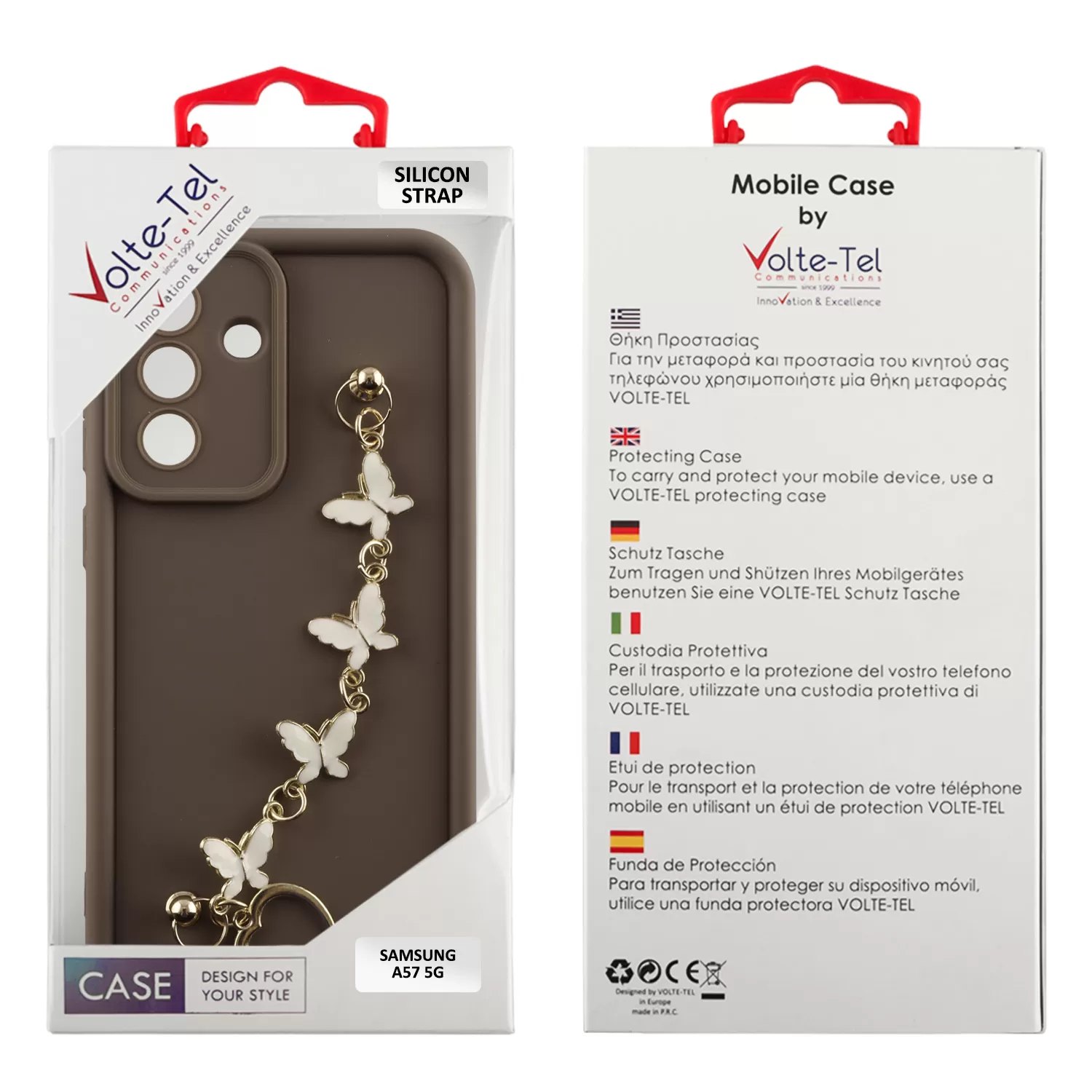 VOLTE-TEL SILICON TPU WITH STRAP ΘΗΚΗ SAMSUNG A57 5G A576 6.7in  FULL CAMERA PROTECTION BROWN WITH WHITE BUTTERFLIES - Image 5